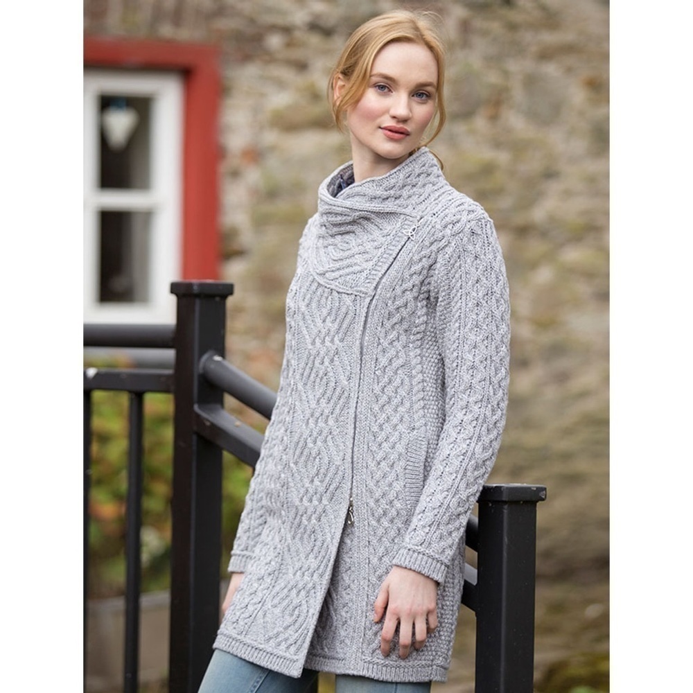 ARAN Sweater Market Ireland 100% Merino Wool Grey Zip Cardigan Small
